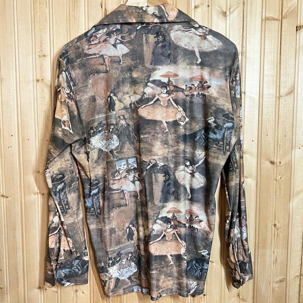 VTG Disco Revenge Button Down Shirt AOP Picture Printed Thin Sheer Elastic Sz M - Picture 6 of 10